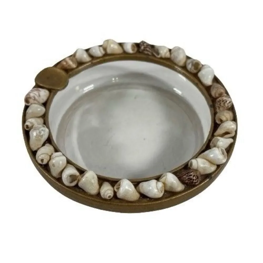 Real Seashell Encrusted Ashtray Glass Gold Tone Vintage Cigarette MCM Coastal
